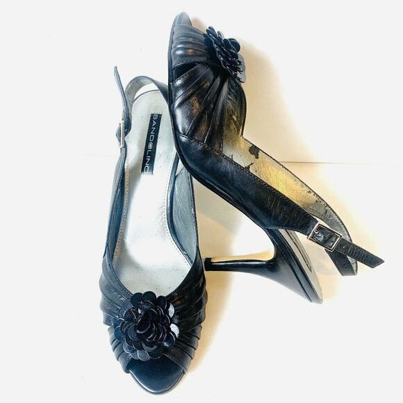 Bandolino Black Leather Women’s Size 8.5M Sling Back Open Toe Floral Accent Heel - Picture 3 of 10